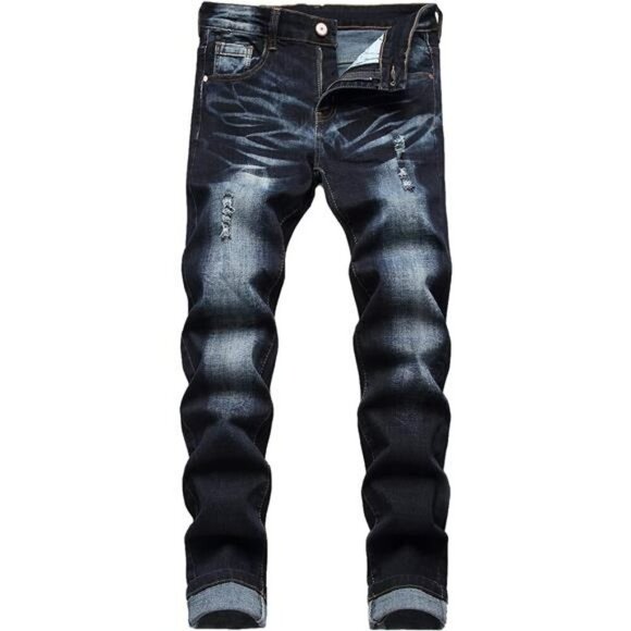Junbaoss Mens Ripped Skinny Jeans Stretch Slim Fit Distressed Denim Pants - Picture 1 of 7